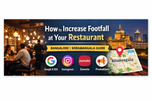 Blog banner showing a busy restaurant interior in Koramangala with Bangalore skyline, highlighting strategies to increase restaurant footfall using Google, Instagram, Zomato, and promotions.