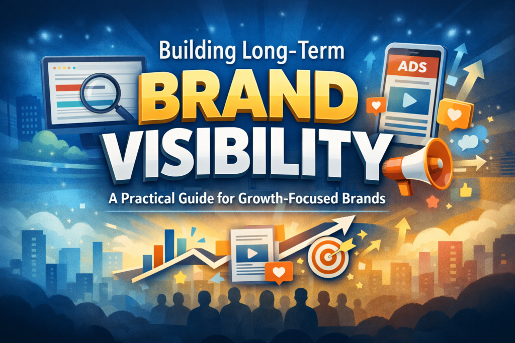 Long-term brand visibility concept showing SEO, content marketing, and paid ads working together to grow business visibility