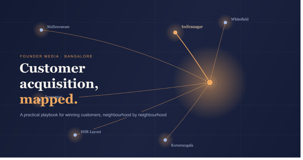 a stylized night map of Bangalore, with real neighborhoods (Indiranagar, Koramangala, HSR, Jayanagar, Whitefield, Malleswaram) shown as nodes whose routes converge on one glowing acquisition hub. It's meant to visually say the actual thesis of your post: many micro-markets, one working system — rather than a generic stock-photo handshake or growth-arrow graphic.