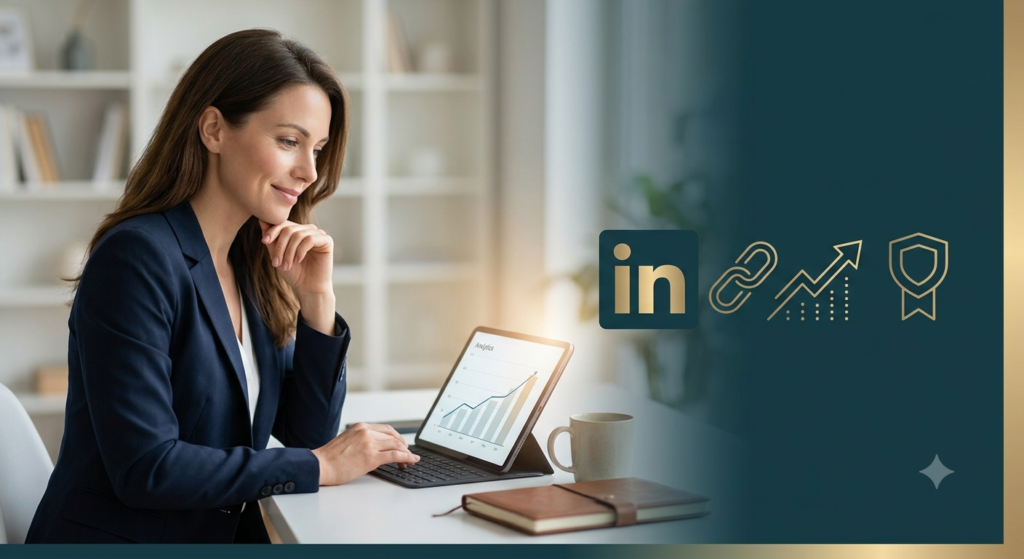 A professional business coach analyzing growth analytics on a tablet with LinkedIn growth and authority icons.